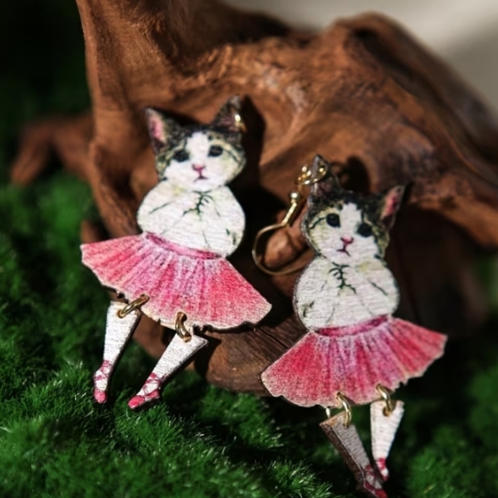 HOST PICK Wooden Ballerina dancing cat 😺 earrings